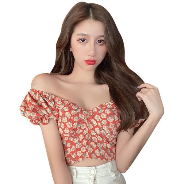 

new women summer blouse fashion short shirt for women short sleeve floral printing v neck crop femme blouse, White