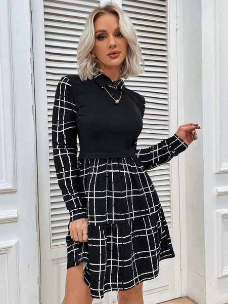 

plaid ruffle hem 2 in 1 dress r9d7#, Black;gray