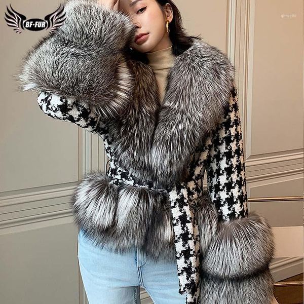 

real fur coat women houndstooth stitching woolen slim big fur collar natural silver jacket short 2020 winter lace up luxury1, Black