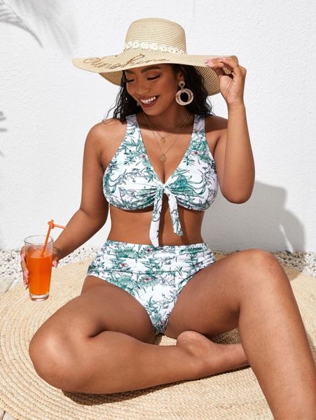 

plus plant print knot front bikini swimsuit g0xq#, Black