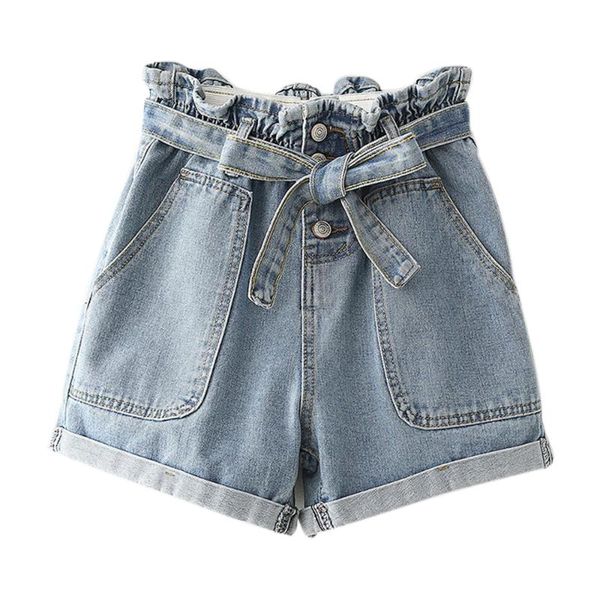 

nice women summer high waist denim shorts vogueloose lady fashion roll up hem elastic waist pocket short jeans female, Blue
