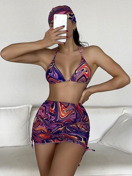

4pack abstract fluid pattern halter bikini swimsuit & beach skirt x18h#, White;black