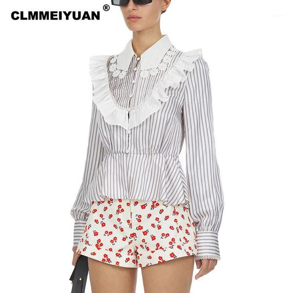 

women fashion brand blouses and shirts 2019 summer lace splices blusas striped high street office blouse chemisier femme1, White