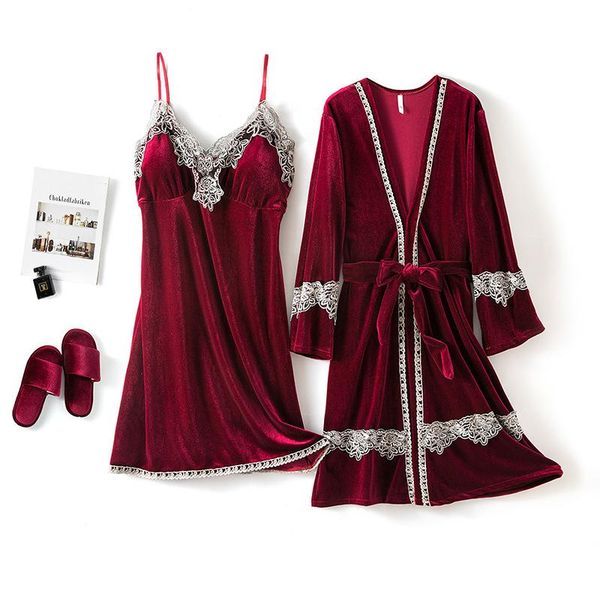 

burgundy velour v-neck backless nightgown suit female lace trim kimono robe gown set autumn winter lounge sleepwear, Black;red
