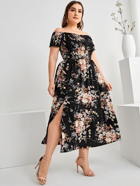 

plus bardot shirred split thigh floral dress s3fc#, Black