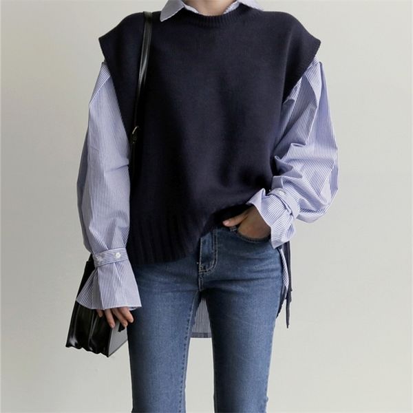 

new loose sleeveless sweater spring autumn women vest sweaters knitting vest joker knitted vest wool oversize girls pullover 201211, Black;white