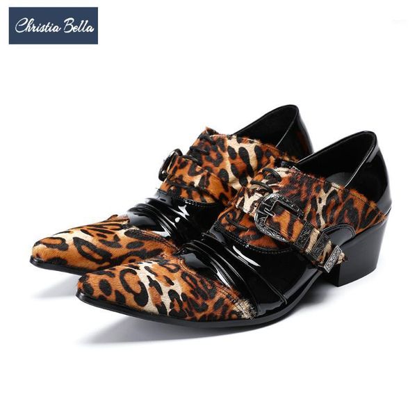 

christia bella brand fashion leopard genuine leather men oxfords shoes pointed toe brogue shoes party men dress big size1, Black