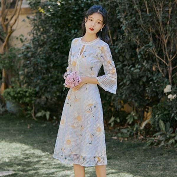 

casual dresses runway vintage women hollow out dress 2021 summer elegant flare sleeve o-neck slim sandy beach1, Black;gray