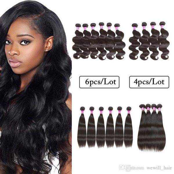 

wewill 10a brazilian virgin human hair weaves 4 bundles or 6 bundles body wave straight wet and wavy malaysian human hair extension, Black