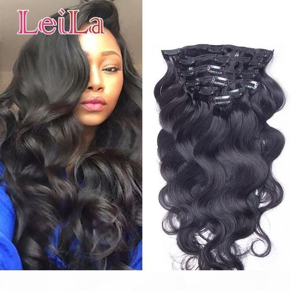 

clip in human hair extensions full head natural black hair clip 7 or 10 pieces body wave brazilian hair clip in extensions, Black;brown