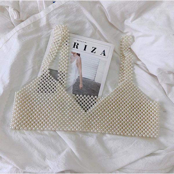 

2020 ins handmade full pearl girl women fashion outwear hollow out summer holiday casual sling vest female decoration1, White