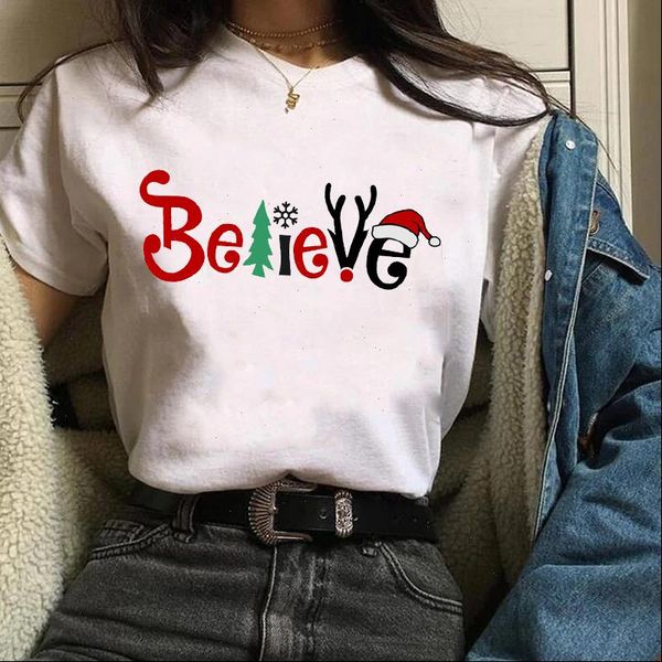 

women print holiday believe new year hat christmas womens tees ladies graphic female camisa lady t shirt t shirts, White