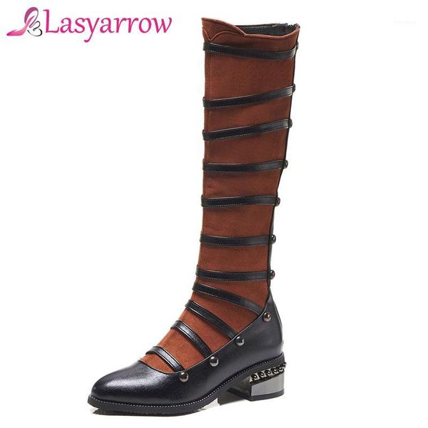 

lasyarrow brand shoes woman fashion rivet studded knee high boots square med heels motorcycle boots mixed colors footwear f6981, Black