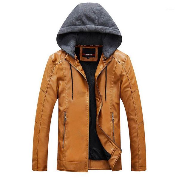 

hooded leather jacket men yellow blue black leather moto jacket mens motorcycle fleece mens autumn winter fashion1