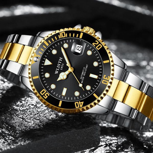 

wlisth black dial noctilucent male watch automatic mechanical watch black, blue and green water ghost table, Slivery;brown