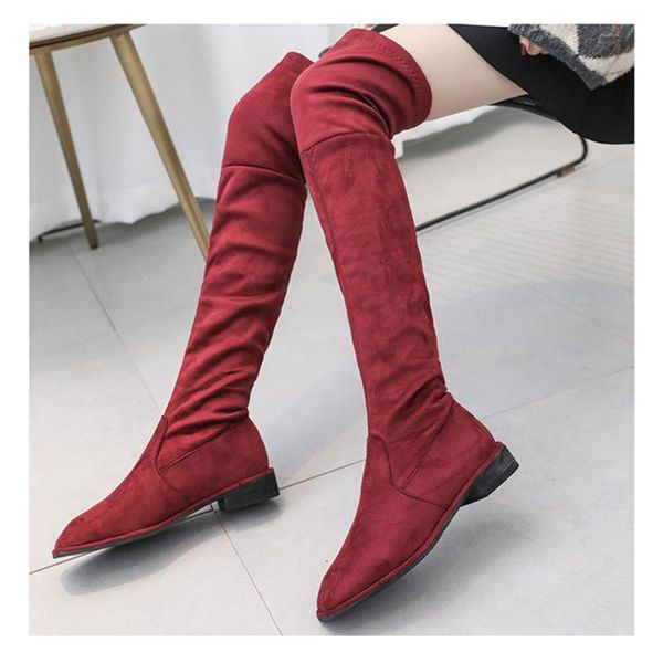 

fashion shoes women black block low heels long slim boots new winter warm over the knee boots soft flock thigh high gray