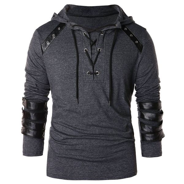 

men hoodie plus size punk pu leather long sleeve lace up black blue streetwear gothic casual hooded sweatshirt spring 201130
