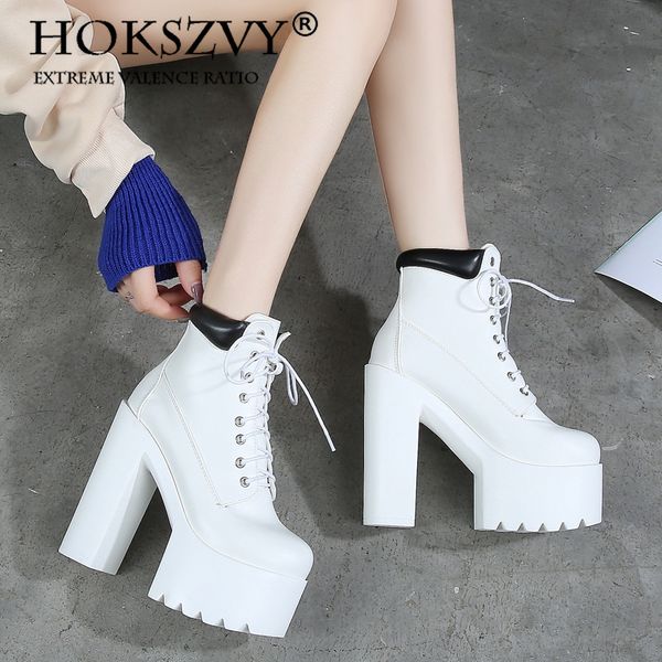 

hokszvy 2020 autumn winter 14cm thick heels black white shoes nightclub ankle knight boots short boots women's shoes zyw x1020