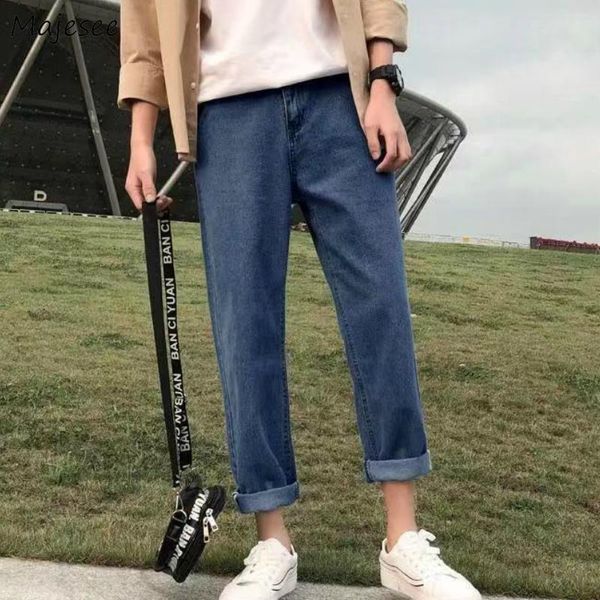 

men jeans ankle-length solid oversize plus size 2xl washed leisure chic teens bf loose mens straight denim trousers korean style, Blue