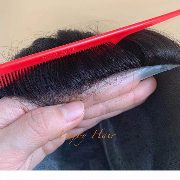

high-quality all hand-made human hair toupee for men thin skin base invisible knots natural hairline toupee for men, Black