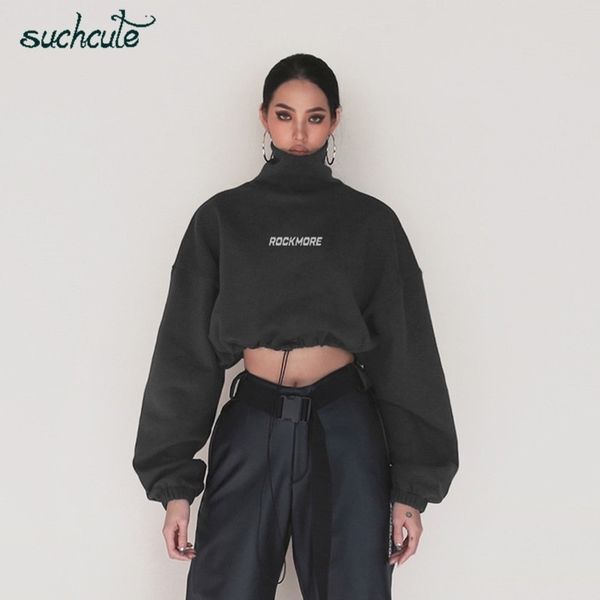 

suchcute turtleneck women hoodies pullover high neck autumn winter warm korean style gothic hoodie female streetwear clothe 201106, Black