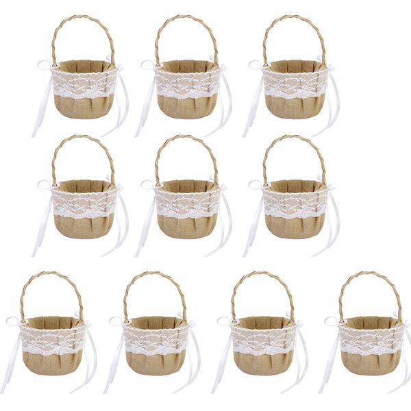 

10 pieces vintage burlap jute lace bow rustic wedding flower girl baskets