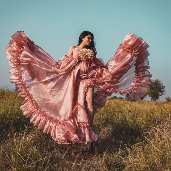 

luxury long sleeved prom dresses tiered ruffles oversize maternity pshoot dress spaghetti straps party robes custom made, Black