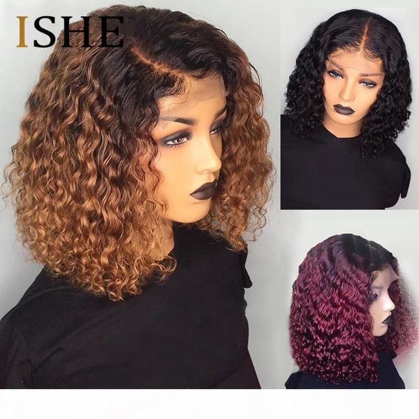 

1b 99j ombre burgundy short human hair wigs pre plucked curly honey blonde lace front bob wig 13x6 brazilain remy wig 150% ishe, Black;brown