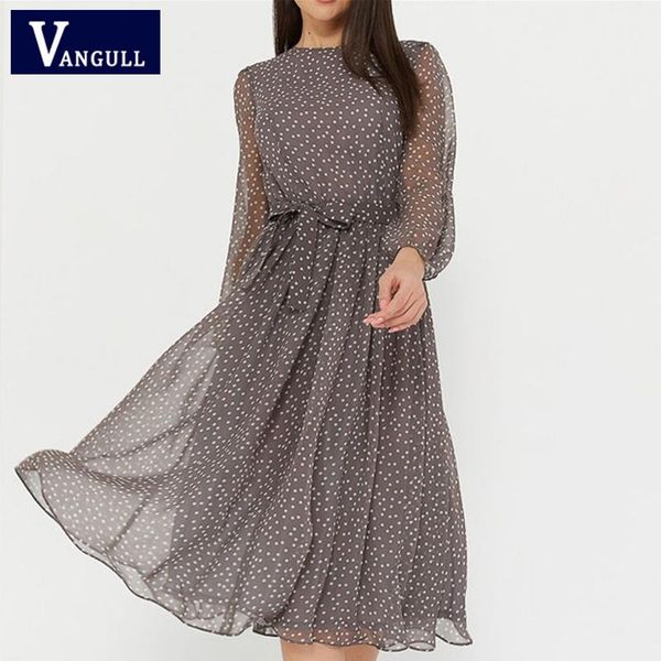 

vangull polka dot a-line dress women spring summer o-neck long sleeve high waist lace-up vintage fashion female mid length dress, Black;gray