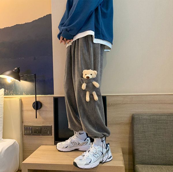 

bear autumn winter straight wide leg casual trend loose legged and korean men's pants, Black