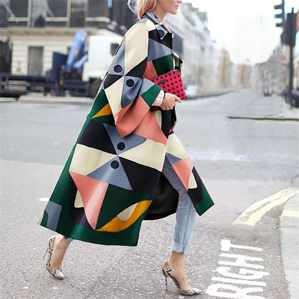 

women's coat 2020 new women's autumn fashion geometric print pattern color stitching loose long coat women 1031, Tan;black