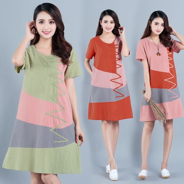 

2020 hemp summer korean color dress linencotton linen cotton linenmatching large loose short sleeve mid long dress fzpni, Black;gray