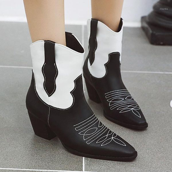 

boots aiweiyi winter woman mixed color ankle for women thick high heels slip on ladies shoes botas feminina1, Black