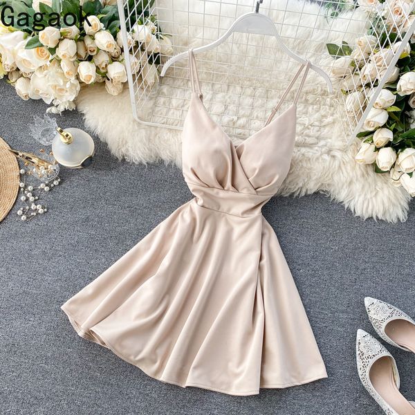 

gagaok & club 2020 women mini dress spring autumn new v-neck spaghetti strap solid empire slim chic wild fashion dresses y0118, Black;gray