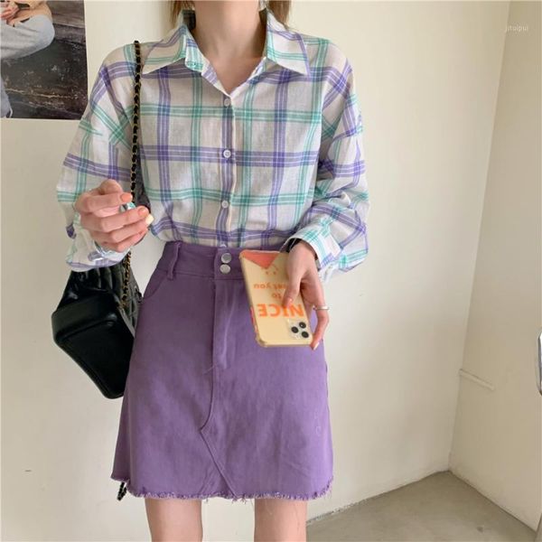 

autumn korean style purple plaid long sleeve blouse women 2020 shirts loose outwear coats (ws294)1, White