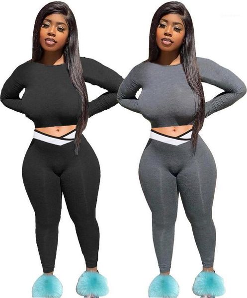 

women's tracksuits hhdmv 2021 spring fashion women movement style long sleeve round neck elastic pants pure color two piece sets1, Gray