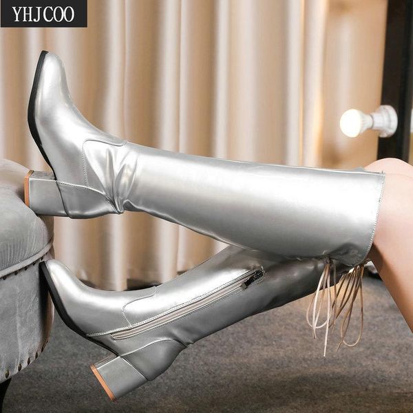 

2020 fashion luxury золотые серебряные сапоги женщины высокие каблуки женщины boots колено heels high квадратным каблуком sexy 43, Black