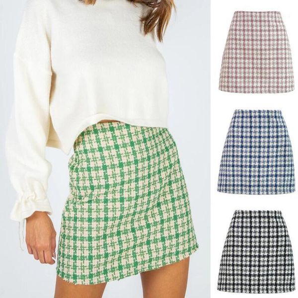 

hip hop woolen plaid skirt women high waist autumn winter female goth skater short casual mini vintage straight black wrap skirt1