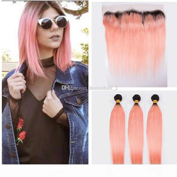 

rose gold human hair bundles with lace frontal closure straight pink ombre hair with lace frontal 13*4 pre plucked natural hairline, Black;brown