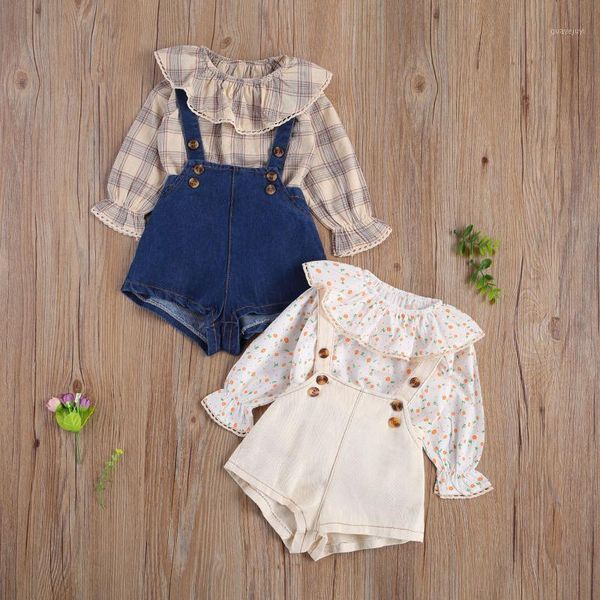 

20202 0-24m korea style baby girl clothing lace ruffle collar plaid/floral print flare long sleeve blouse+solid denim overalls1, White