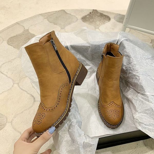 

2021 autumn women ankle boots ladies shoes pumps pu leather fashion hollow chunky heels sewing footwear comfort shoe new 1 nhyo, Black