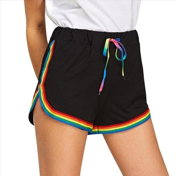 

summer women exercise gym shorts professional sports rainbow print lace up high waist casual shorts ladies beach hot, White;black
