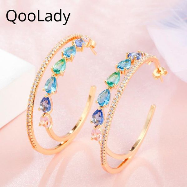 

hoop & huggie qoolady fashion charming double layer cz stone yellow gold hollow oversized round earrings jewelry for women gift e0261, Golden;silver