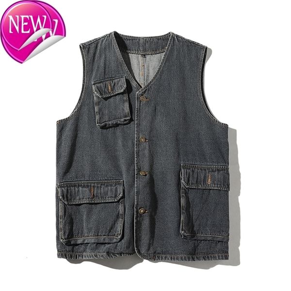

fashion denim vests for spring autumn black blue men's multi-pocket pgraphy vest men casual reporter director military