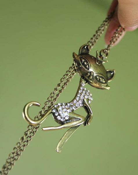 

long chains necklaces enamel charm brand girl sweater new animal pendant necklace gift colorful cat charming cat necklace, Silver
