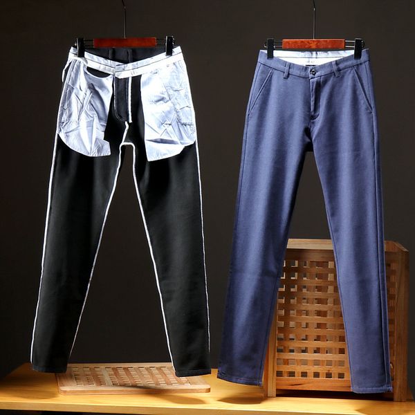 

men's solid color plush thickened autumn and winter warm business casual pants 9155, Black