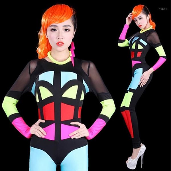 

jazz dance costumes colorful bodysuit nightclub bar dj dancers rave clothes stage costumes for singers hip hop jumpsuit j10141, Black;red