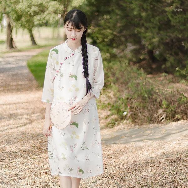 

print dress, literature and art improved cheongsam, chinese style daily retro show thin a-word original women's dress1, Black;gray