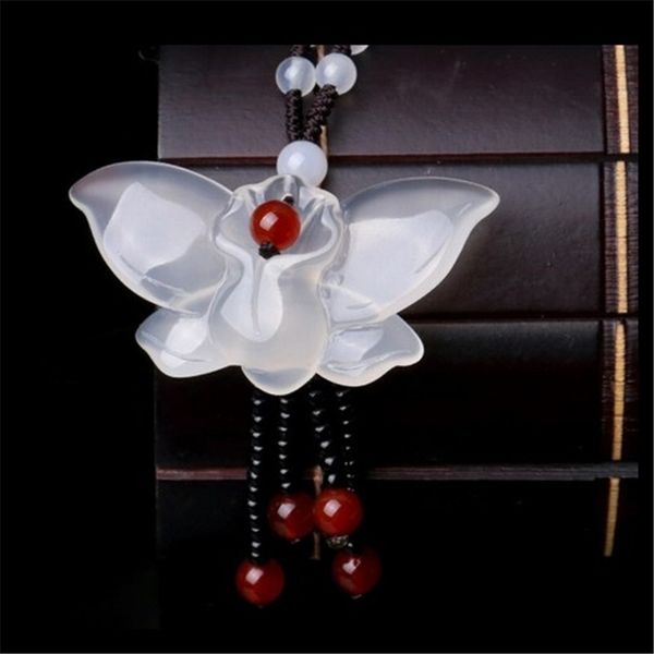 

natural chalcedony butterfly pendant necklace drop shipping lucky amulet lovers necklace for men and women sweater chain q1105, Silver