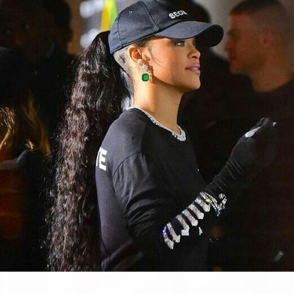 

rihanna hairstyle brazilian hair ponytails 100% human hair extension clip in curl wet and wavy ponytail 10"-22" lace ribbon wrap p, Black